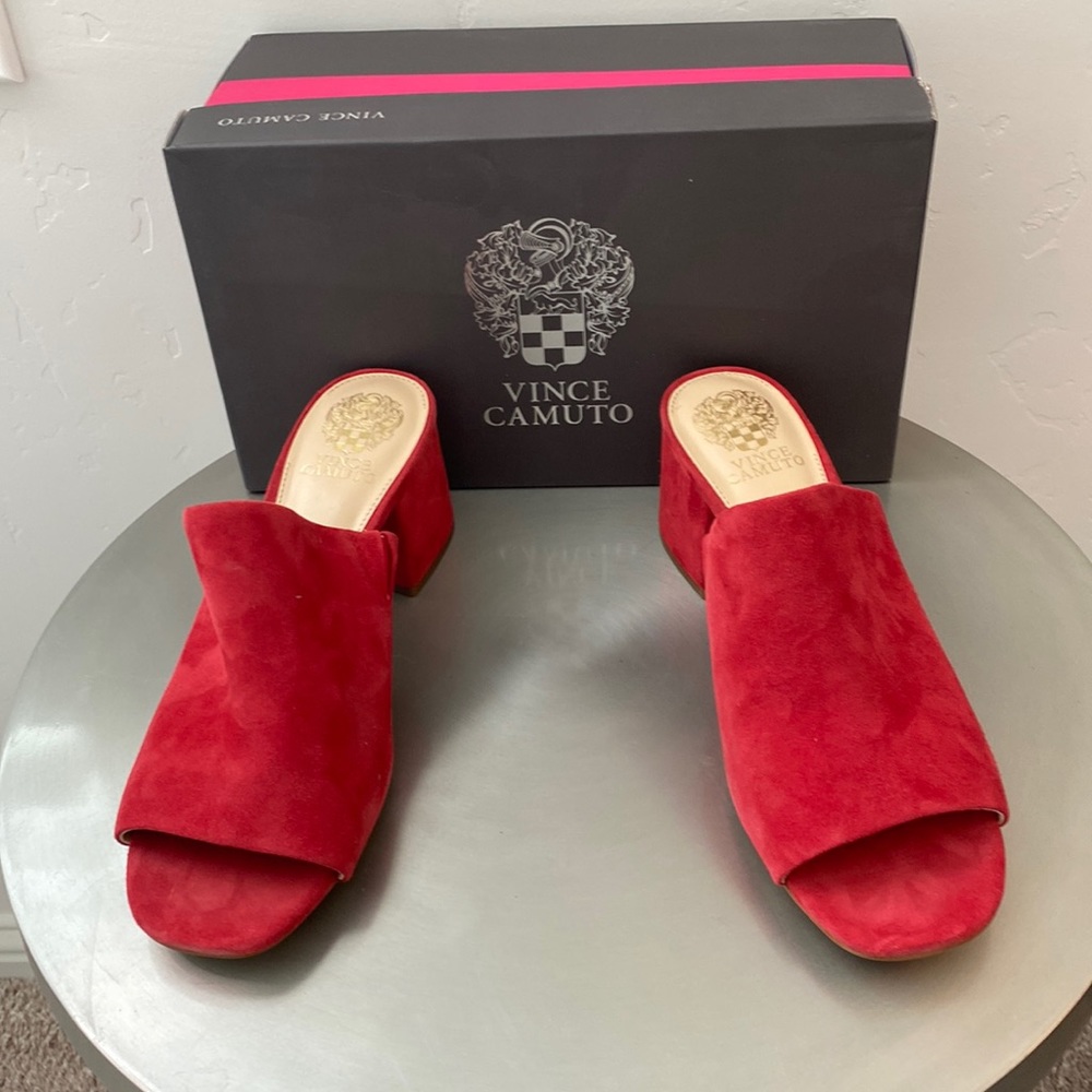 Vince Camuto women’s red suede open toe wedge.